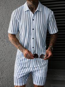 SLATEMANN 男士夏季薄款卡其色雙色針織提花紋理休閒度假修身短袖襯衫與彈性腰短褲套裝 - 藍色 - 查看 7