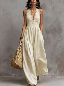 Breezaya Women's Lace Patchwork V-Neck Regular Fit Dress Beach Vacation Beige Summer Boho - Apricot - View 3