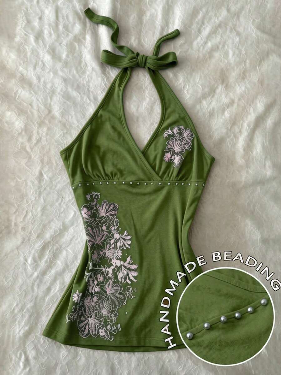 IslaSuriya 女款花卉印花時尚串珠掛脖繫帶背心上衣 - 彩色 - 查看 1