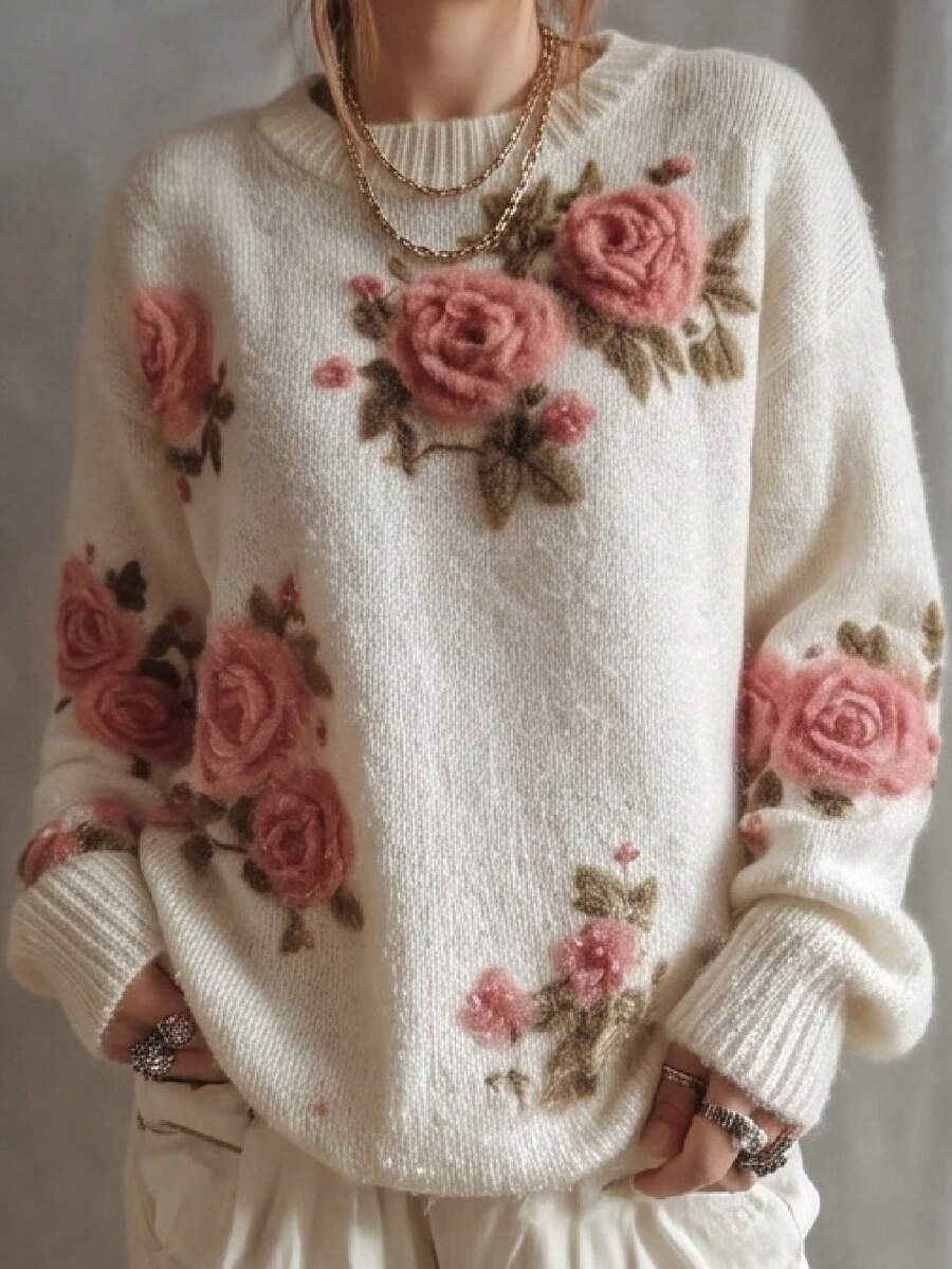 Glimmora Cream White 3D Rose Embroidered French Vintage Soft Style Commuter Pullover Versatile Round Neck Knit Top - White - View 1