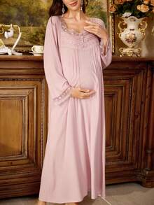 PalaceNights Court Style Loose Square Neck Embroidered Lace Maternity Long Nightgown - Dusty Pink - View 5
