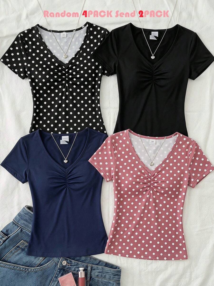 SHEIN 青少年女孩波點印花V領短袖休閒T恤 - 彩色 - 查看 1