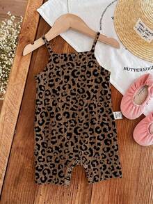 SHEIN LMoss Kids 女嬰休閒無袖連身衣，深棕色豹紋圖案，搭配迷人復古風條紋花卉設計 - 白色 - 查看 7