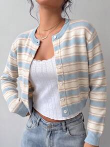 SHEIN BASICS 女款休閒針織開襟衫，條紋設計，適合秋冬/夏季，街頭風，適用於日常通勤、約會、學校教師、派對、婚禮 - 彩色 - 查看 6