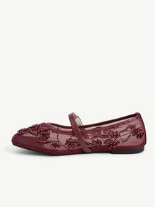 CUCCOO CHICEST 女款網布刺繡珍珠瑪麗珍平底鞋，扣環設計，通勤約會婚禮日常溫柔透氣百搭女鞋 - 酒紅色 - 查看 4