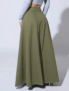 SHEIN SXY 時尚高腰超長牛仔裙 - 軍綠色 - 查看 2