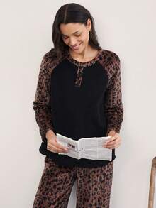 Doze Lane Casual Modest Simple Leopard Print Plush Raglan Sleeve Button Decor Long Sleeve Pants Women's Pajama Set Lounge Sleep Black And White Brown Autumn - Multicolor - View 6