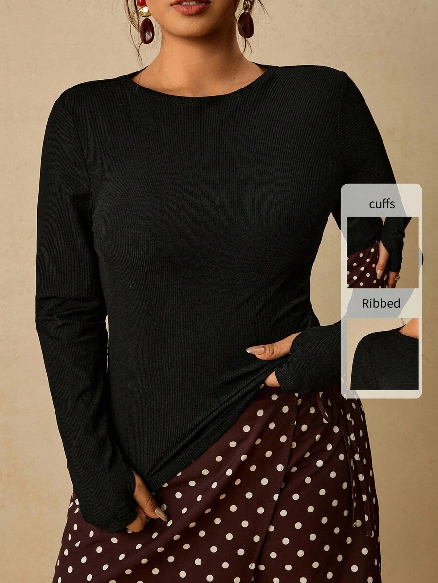 Travachic Plus Size Women's Basic Casual Autumn/Winter Long Sleeve Ribbed T-Shirt Fall