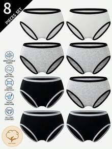 SHEIN 8件/包 女款青少年女孩純色黑灰白極簡棉質舒適柔軟三角內褲，四季適用 - 彩色 - 查看 6