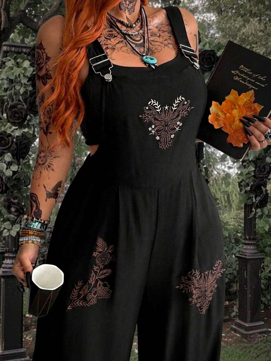 Whyspr Jumpsuit Gaya Gothic Gelap Ukuran Besar, Overall Kasual Musim Semi/Musim Panas - Hitam - View 1