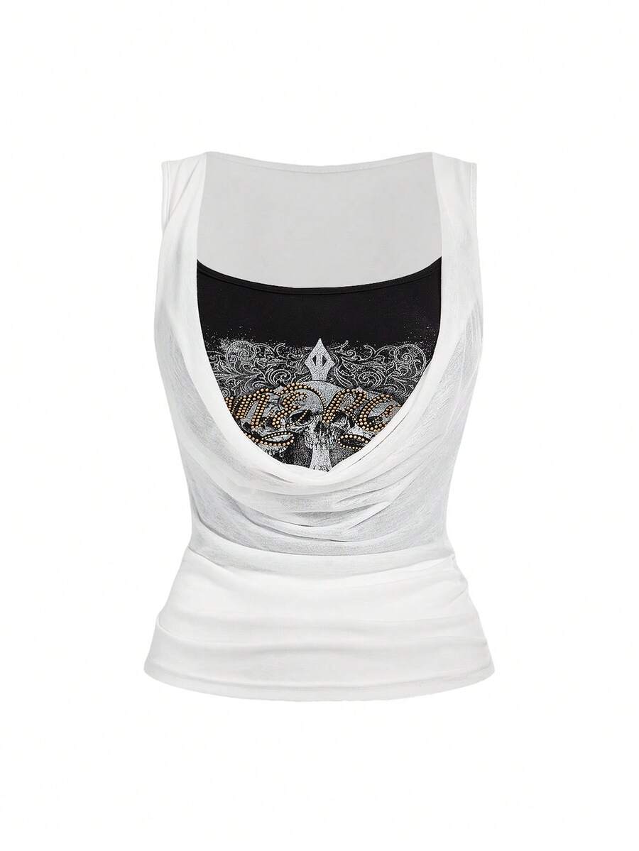 ROMWE J-Fashion Vintage Sexy Double Layer 2 In 1 Plunging Neck Skull Print Rhinestone Embellished Women Top - Black and White - View 1