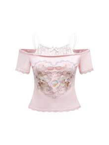 ROMWE Kawaii Women's Himekaji 2 In 1 Contrast Lace Cute Style Heart Bear & Lace Bow T-Shirt, School - Multicolor - View 1
