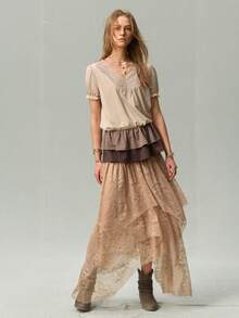 SHEIN Women's French Vintage Lace High Elasticity Shirred Slimming Everyday Date Commute Versatile Skirt - Apricot - View 2