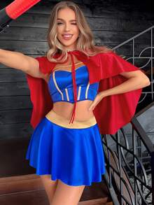 Fantasy Costume Fantasy Costume زي سوبر بطل خارق باللون الأزرق بتصميم كتل لونية مع عباءة، مجموعة من 3 قطع - متعدد الألوان - مشاهدة 4