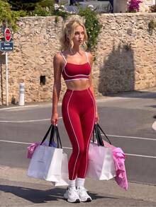 Pariaura Women's Contrast Color Camisole Top And High Waist Leggings Casual Daily Sports Outfit - Burgundy - View 4