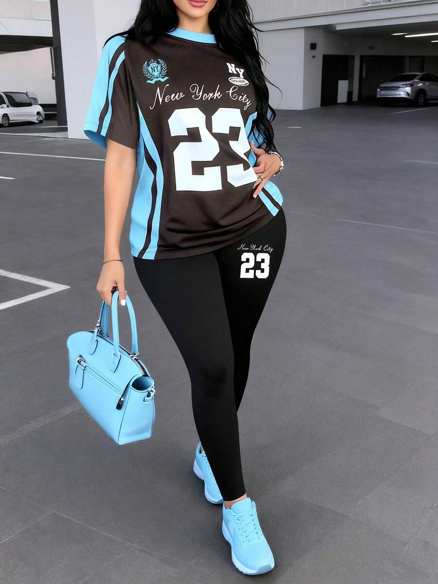 SHEIN Explorewe 女式休闲时尚创意数字 23 和标语图案印花短袖上衣和紧身打底裤 2 件套,街头运动风格 - 彩色 - 查看 1