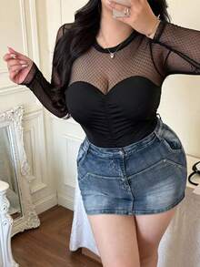 Vibekara Polka Dot Mesh 2 In 1 Top, Plus Size Ruched Waist Sheer Base Layer, Flocked Polka Dot Mesh Long Sleeve Top, 2 In 1 Bandeau Ruched Waist Slimming Sexy - Black - View 6