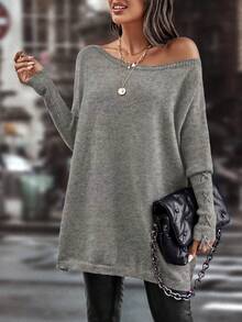 Elafinee Women's Solid Color Casual Versatile Daily Pullover Sweater - Grey - View 5