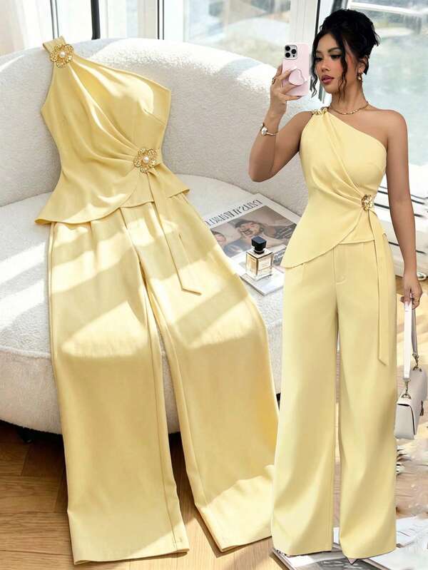 Selianne Minimalist Elegant Sexy Asymmetrical One-Shoulder Tank Top 2 Pieces Set Women Dinner Day Party Pool Date Pale Yellow Summer Wedding