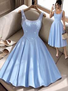 Elenzga Summer Wedding Cocktail Guest Formal Waist-Cinched Sleeveless A-Line Rhinestone Decor Party Birthday Date Hostess Dress Light Blue Elegant Romantic - Dusty Blue - View 6