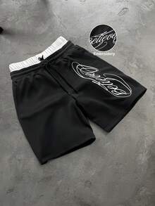 PAVTROS Pantalones cortos para hombre con doble cintura, cordón de color contrastante y bolsillo bordado - Blanco y Negro - Ver 2