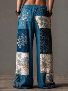 Selamara Women's Blue Wide-Leg Jeans With Denim Effect Print – Casual, Versatile, Bohemian Style - Multicolor - View 2