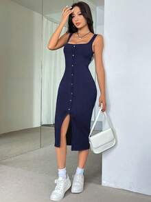 Flirla Button Front Square Neck Split Thigh Tank Dress Maxi Women Outfit - Blue - View 4