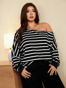 Edennvi Plus Size Women's Crew Neck Casual Striped Sweatshirt - Black - View 7