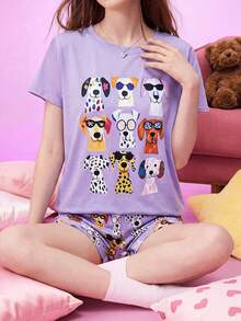 Notgurli Set Piyama Lengan Pendek Wanita Ukuran Plus Motif Hati Kopi Putih dan Merah, Cocok untuk Bersantai Sehari-hari - Purple - View 6