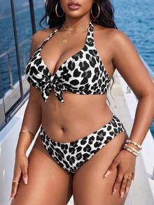 Swim Vcay Plus Size Women Summer Beach Leopard Print Bow Tie Halter Neck Swimsuit Top - Multicolor - View 3