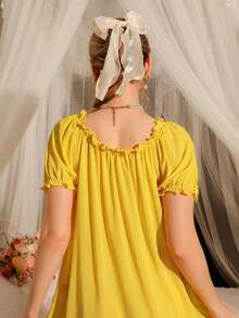 DelicateAllure Women's Solid Color Short Sleeve Mini Nightgown - Yellow - View 2