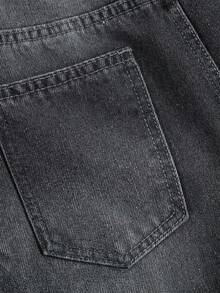 SHEIN Girlism Tween女孩口袋鈕扣拉鍊寬鬆牛仔褲 秋冬萬聖節 Y2K 畢業返校穿搭 - 黑色 - 查看 4