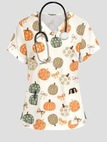 PopScrub Women's Pumpkin Bow Pattern Short Sleeve Scrub Top - Multicolor - View 1