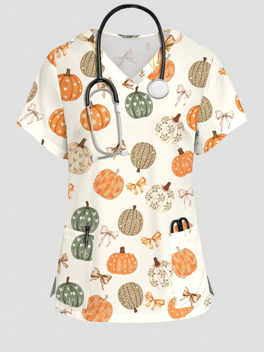 PopScrub Women's Pumpkin Bow Pattern Short Sleeve Scrub Top - Multicolor - View 1