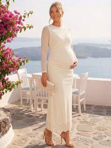 Loomaby Elegant Maternity Solid Color Party Photoshoot Dress, Gender Reveal Dress, Baby Shower Dress, Wedding, Birthday Autumn Allover White - Yellow - View 2