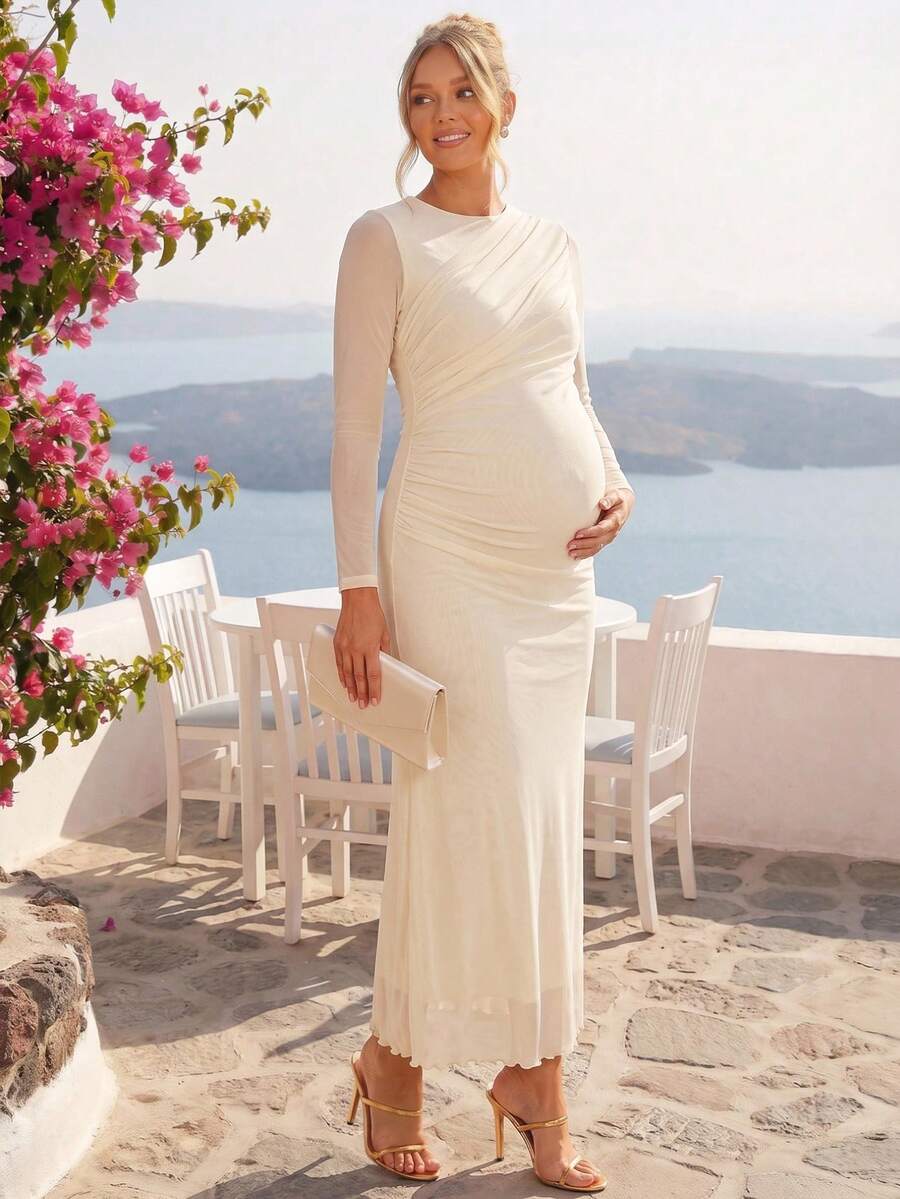 Loomaby Elegant Maternity Solid Color Party Photoshoot Dress, Gender Reveal Dress, Baby Shower Dress, Wedding, Birthday Autumn Allover White