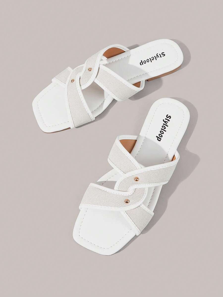 Styleloop Women Shoes Multi-Colored Canvas Splicing Square Toe Flat Bottom Cross Sandals, Simple Casual Style, Suitable For Daily Commuting, Vacation Travel - White - View 1