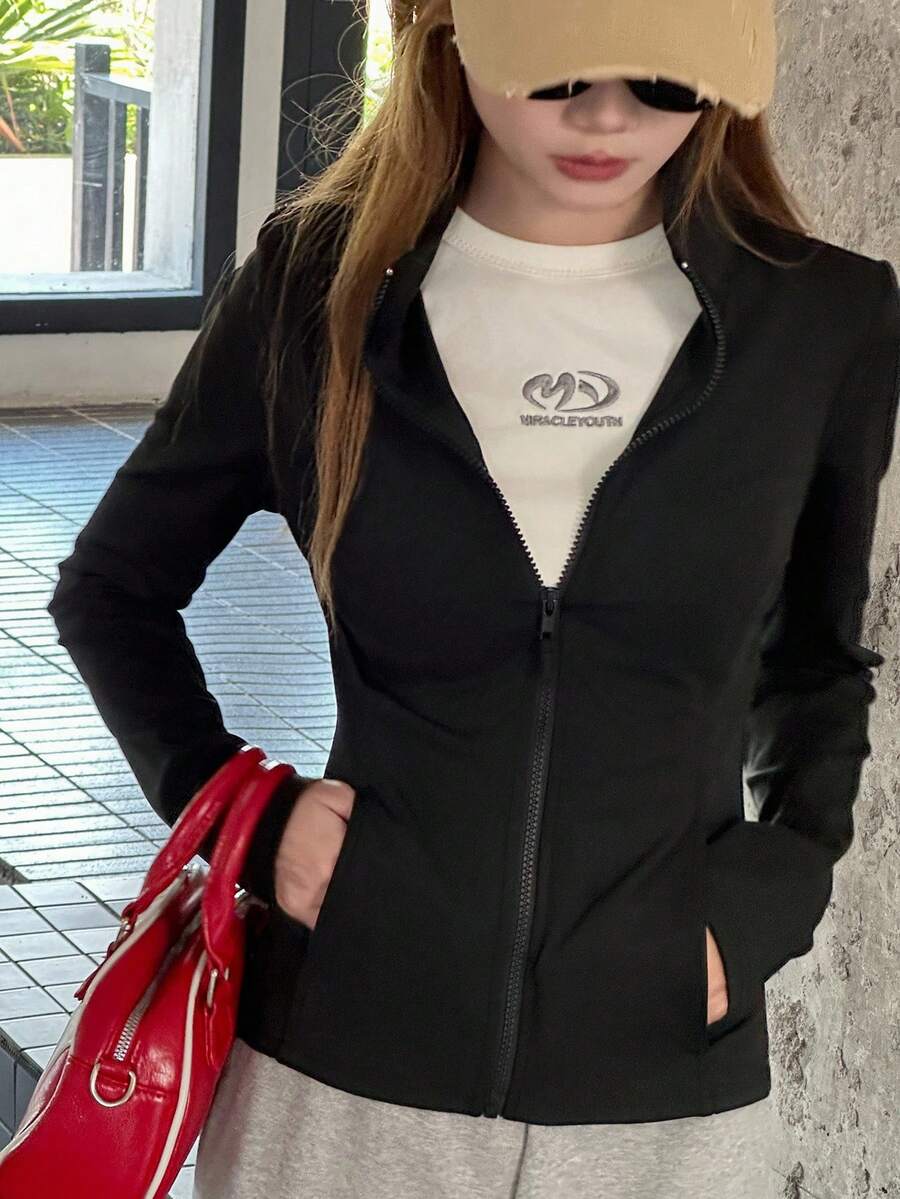 DAZY 青少年女孩秋季服飾 修身夾克休閒秋季上衣 - 黑色 - 查看 1