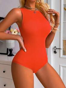 SHEIN 1pc Women's Solid Color Tank Style Bodysuit Shapewear - Orange - View 4