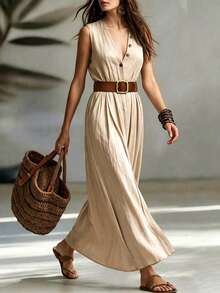 SHEIN Holidaya Women's Spring/Summer Commuter Elegant Tropical V-Neck Sleeveless Waist-Cinching Long Dress, Flattering Shoulder Neckline, Mature Style Beige Beach - Apricot - View 3