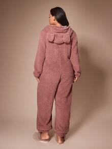 Lazeform Plus Size Solid Color Fleece Bubble Fleece Cute Hooded Ear Long Sleeve Long Pants Loungewear Jumpsuit - Dusty Pink - View 2