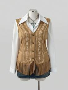 Sunspun Plus Size Western Vintage Print Fringe Suede Vest V-Neck Sleeveless Waist-Cinching Denim Style Jacket - Brown - View 4