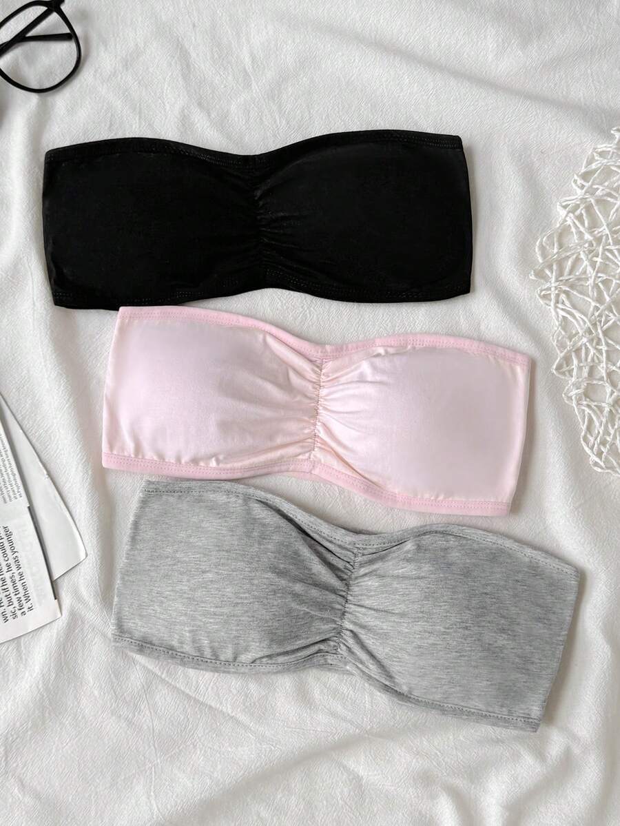SHEIN Tween Girl 3件組休閒抹胸內衣背心內搭衫,黑白粉,四季皆宜 - 粉色 - 查看 1