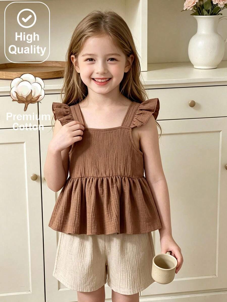 SHEIN Vintaside Kids 女童休閒舒適棕色方領細肩帶背心上衣，雙層荷葉邊肩帶、收腰設計與傘裙擺 + 米色短褲，適合日常穿著、居家、休閒出遊、親子旅行、小滿月/1歲生日與親友聚會