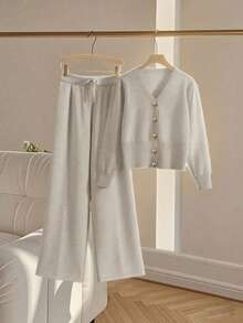 Franclia 2 件套女士休闲宽松针织毛衣和裤子家居服套装，舒适简约的设计 - 摩卡棕 - 查看 7