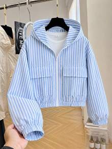 Jaket Pendek Berkerudung Lengan Panjang Motif Garis Vertikal Biru Putih Segar untuk Anak Perempuan Remaja, Potongan Longgar, Musim Gugur, Kembali ke Sekolah, Kasual Lucu Gaya Preppy, Crop Top, Pelajar - Biru - View 9