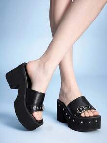 Sugerpunk Women's Thick-Soled Sandals Wear New Rivets, Slip-On Wedges, Slippers, Thick-Heeled High-Heeled Sandals. - Black - View 4