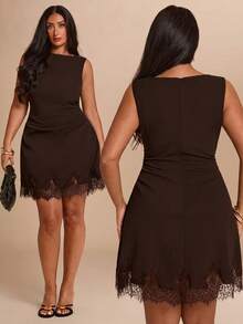SHEIN BAE CURVE 大尺碼女款黑色蕾絲拼接無袖洋裝 - 棕色 - 查看 2