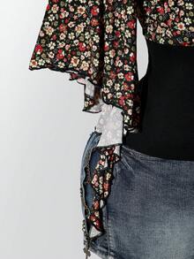 SHEIN ICON Women's Plus Size Floral Patchwork Ruffle Trim T-Shirt - Black - View 5