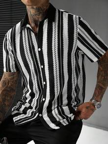 Manfinity Homme Men's Plus Size Mesh Patchwork Casual Shirt - Black and White - View 3